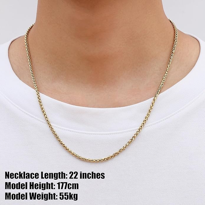 Fiusem Wheat Chains for Men and Women, 2/2.5/3/4/5mm Silver Tone/14K Gold Plated/Black Necklace Chain, Stainless Steel Mens Necklace 16-28 Inch