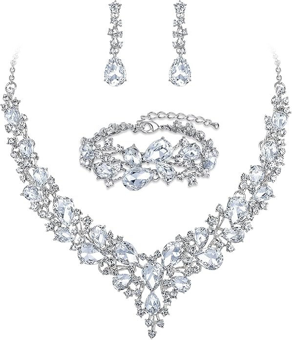 BriLove Wedding Bridal Jewelery for Women Austrian Crystal Teardrop Cluster Statement Necklace Dangle Earrings Link Bracelet Set