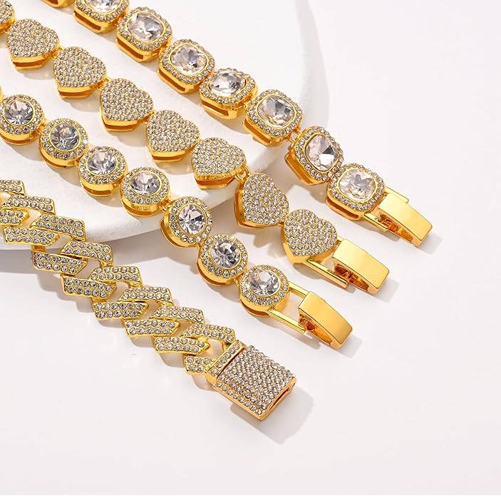 4-PCS Cuban Link Bracelets for Women,Diamond Tennis Bracelet Set,14K Gold Plated Layered Stackable Jewelry, Adjustable Bling Gift Set for Women