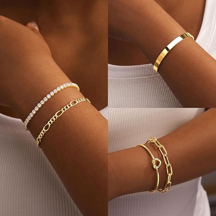 Gold Bracelets for Women Non Tarnish, 14K Gold Plated Chunky Cuff Bracelet Gold Bangles Bracelet for Women Trendy Tie Knot Cuban Rope Paperclip Beaded Bracelet Stack Jewelry Gifts