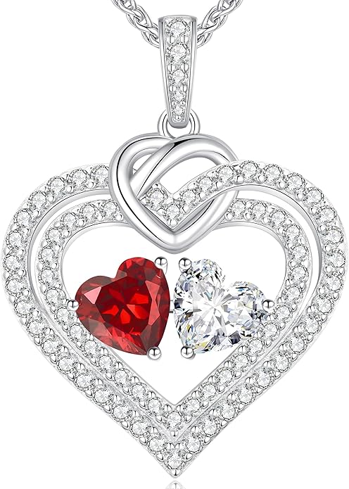 LOUISA SECRET Sparkling Double Heart Birthstone Necklaces for Women, 925 Sterling Silver Fine Jewelry, Pendant Heart Necklaces Birthday Anniversary Christmas Gift for Women Wife Mom Girlfriend Lady