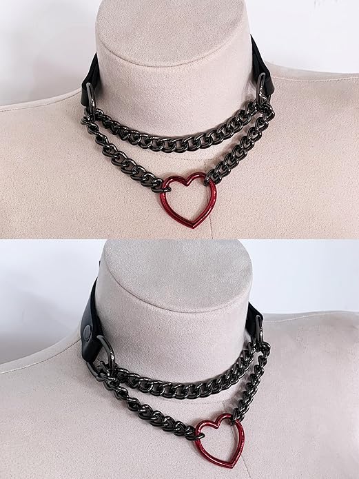 Black/Pink Leather Choker Necklace For Women, Handmade Adjustable Chain Collar with Metallic Heart Ring