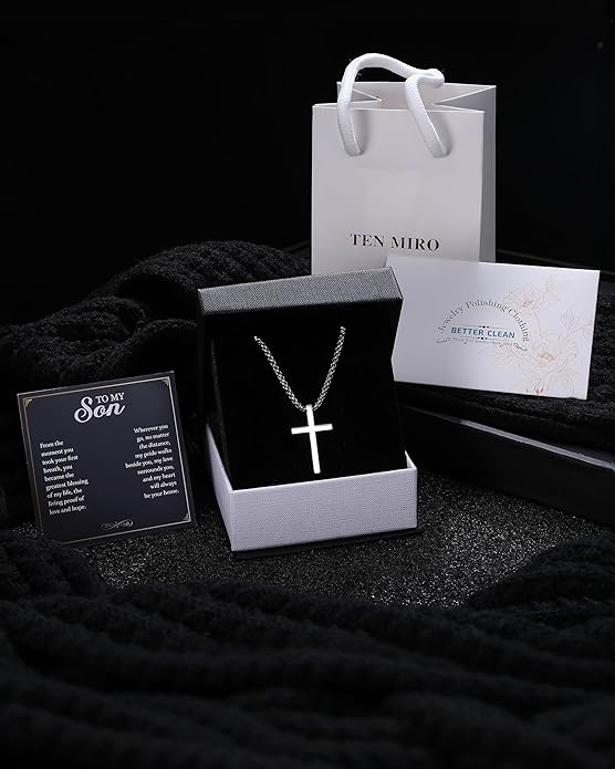 TEN MIRO Silver/Black Cross Necklace for Men Boy Stainless Steel Cross Pendant Necklace for Men Christian Religious Jewelry with Box & Card Birthday Anniversary Christmas Father's Day Gifts for Him