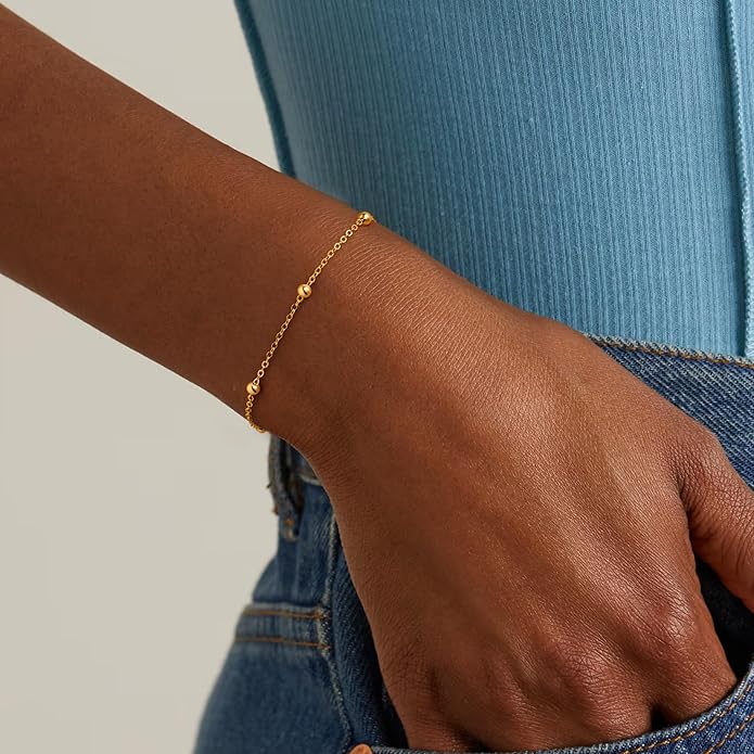 IEFWELL S925 Sterling Silver Bracelet for Women - Solid 14K-Real-Gold-Plated Satellite Bead Chain Bracelet, 6.5/7/7.5/8/8.5/9 Inches Sterling Silver Chain Bracelets, Jewelry Gifts for Women