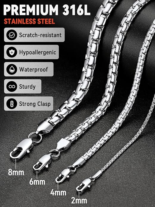 FaithHeart Mens Black/Silver/Gold Stainless Steel Flat Box Link Chain Necklace, Stylish 2/4/6/8mm Width Box Chains Necklaces for Men Non Tarnish Hip Hop Chain Jewelry Gifts,14"-30" Length