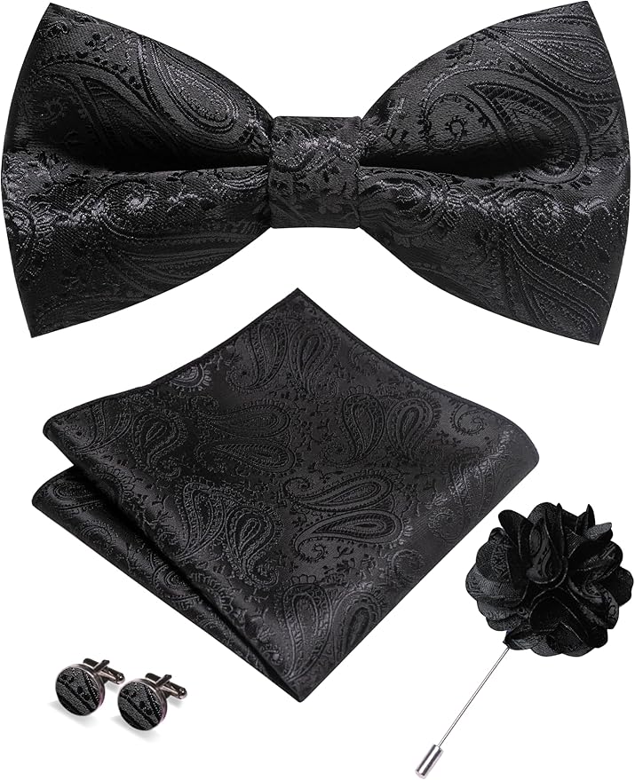 JEMYGINS Mens Paisley Bow Tie and Lapel Pin Necktie Pocket Square and Tie Clip with Sets for Business Casual 4PCS