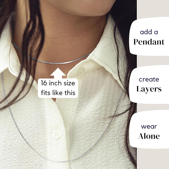 KISPER 925 Solid Sterling Silver 1mm Dainty Thin Box Chain Necklace for Women, Italian Made Tarnish Resistant Waterproof Hypoallergenic, 14 16 18 20 22 24 30 inches