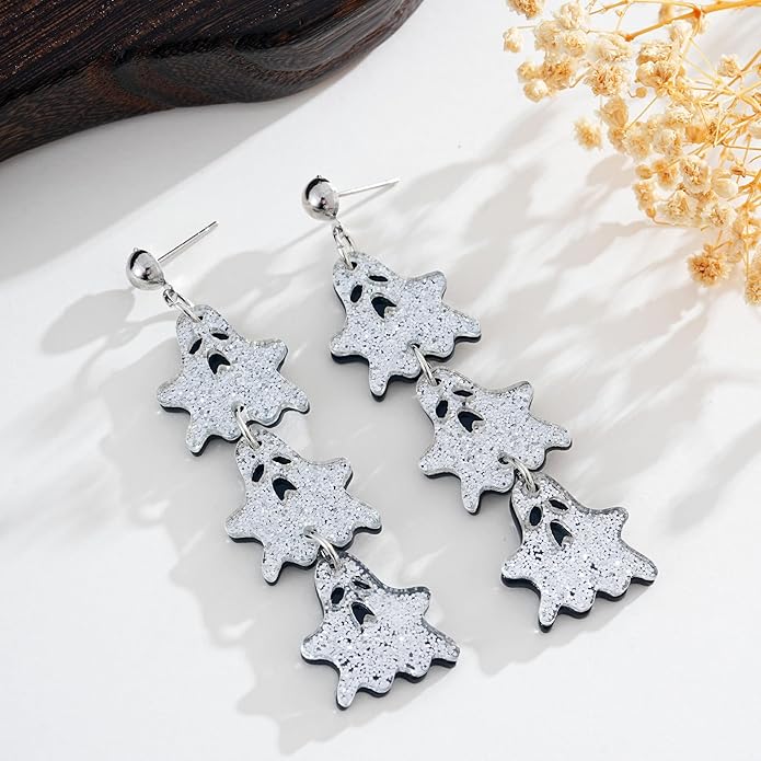 Halloween BOO Ghost Skull Earrings for Women, Gothic Dark Bat Dangle Earrings,Retro Acrylic Cute Lightweight Drop Dangle Earring Jewelry Gifts, Holiday Festive Cosplay Party Decorations Accessories