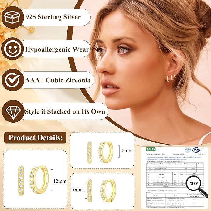 DORANA Valentines Day Gift 3 Pairs 925 Sterling Silver Earrings for Women Girls Non Tarnish Small Hypoallergenic Huggie Hoops Cartilage Stack Earring Sets for Multiple Piercing