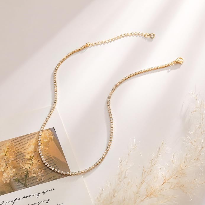 Tennis Necklace for Women, 14K Gold/Silver Plated Rhinestone Choker Necklaces for Women, Dainty Cubic Zirconia Cut Faux Diamond Chain