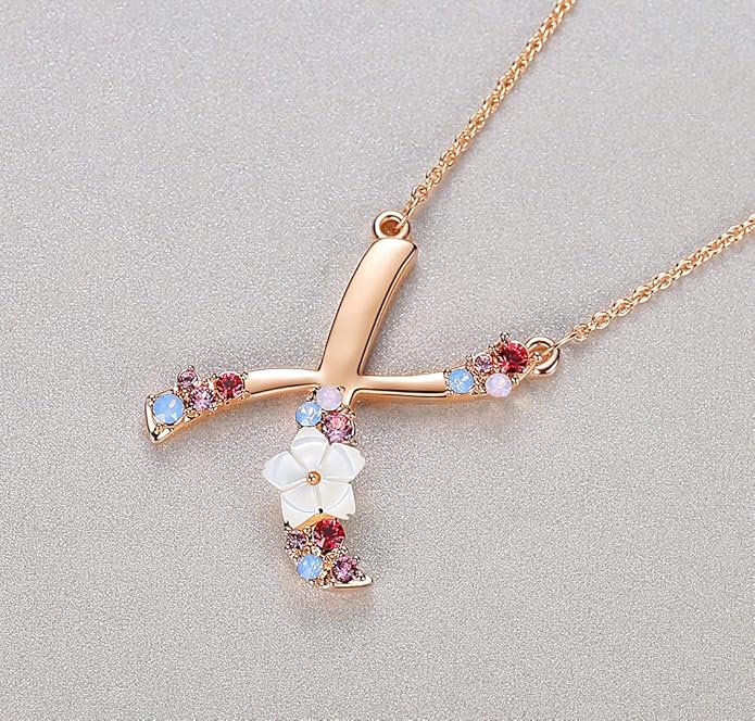 Flower Initial Letter Necklace Pink Red Blue Simulated Pearl Pendant Name Jewelry Made with Austrian Crystals Rose Gold Plated Anniversary Birthday Gifts for Women,18"+2"