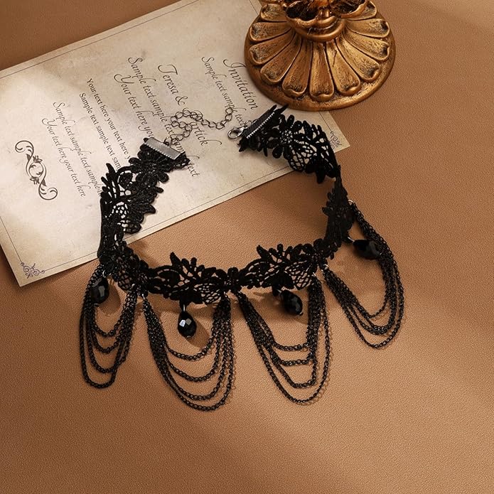 Vintage Lace Choker Necklace for Women Gothic Style Black Crystal Hollowed Out Necklace Statement Layered Tassels Necklace Victoria Halloween Vampire Jewelry