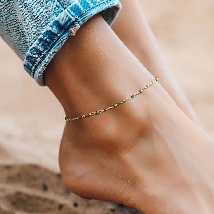 MTMY Gold Anklets for Women 14K Gold Plated Tiny Bead Anklet Colorful Tassel Foot Chain Dainty Adjustable Cute Summer Beach Boho Anklets Jewelry Gift