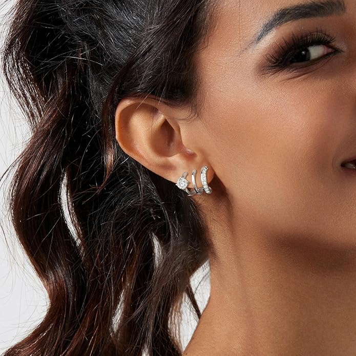 14K Gold Plated Hoop Earrings for Women Triple Huggie Illusion Stud Earring | Double Huggie Hoop Earrings for One Hole | Claw Ear Cuff Earring Jewelry Gift for Women