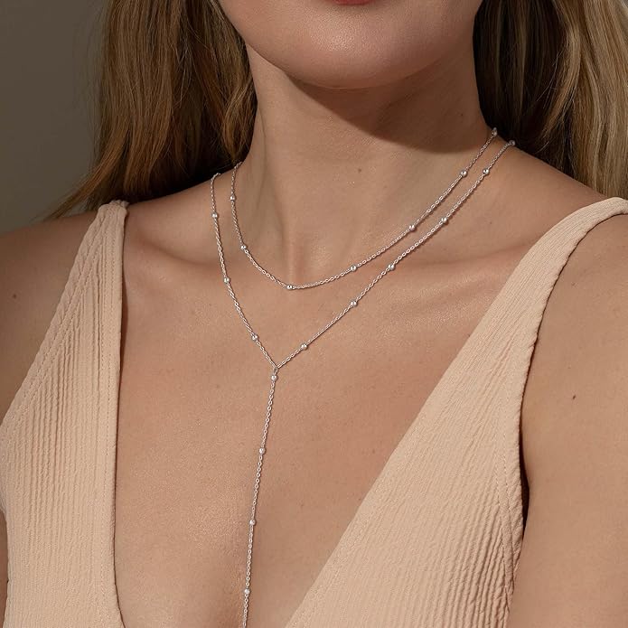 Foxgirl Lariat Gold Necklace for Women, Dainty Long Necklace 14k Gold Plated/Silver Y-Shaped Pendant Necklace Trendy Layered Cz Beaded Chain Drop Necklaces Simple Gold Jewelry For Women Gift