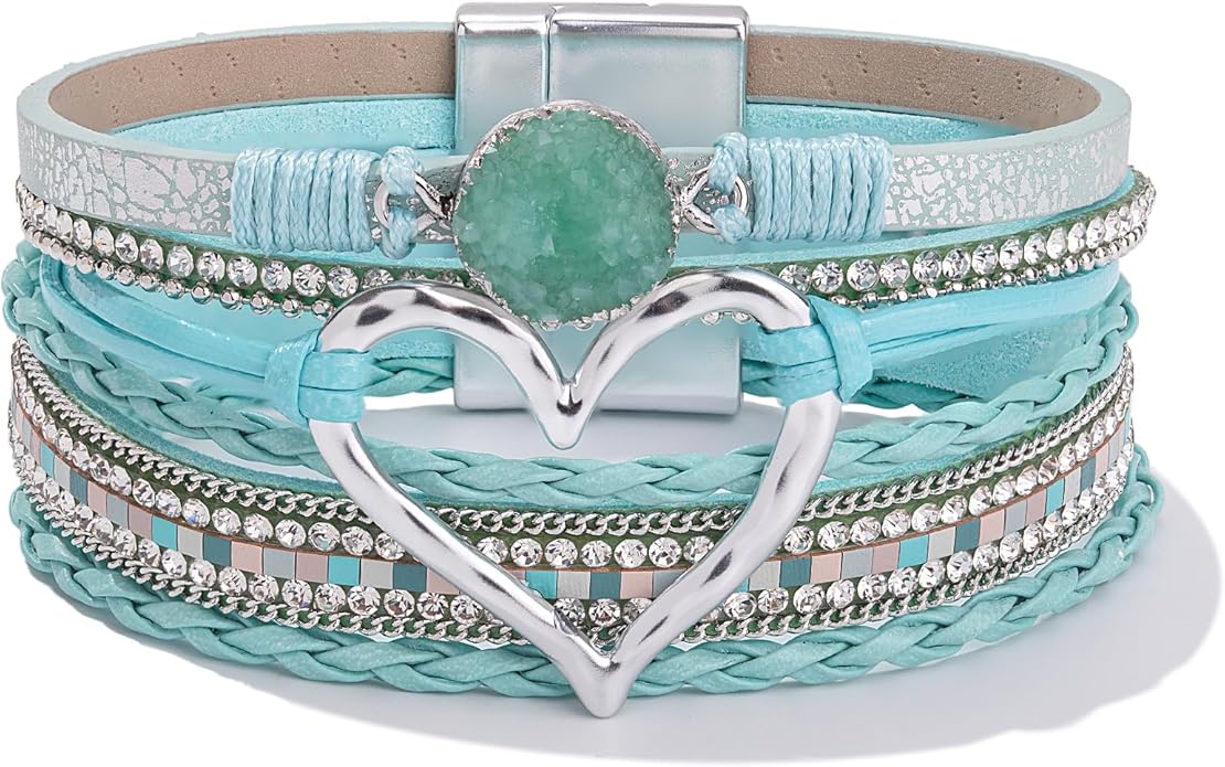 FANCY SHINY Heart Leather Wrap Bracelets Stackable Boho Cuff Bangles Trendy Resin Stone Rhinestone Bracelets with Magnetic Clasp for Women