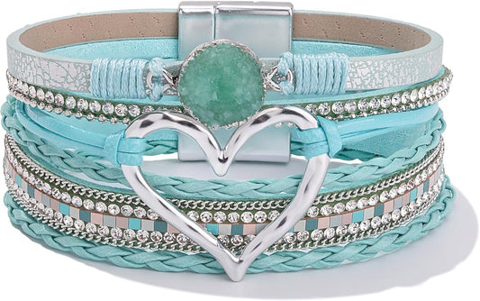 FANCY SHINY Heart Leather Wrap Bracelets Stackable Boho Cuff Bangles Trendy Resin Stone Rhinestone Bracelets with Magnetic Clasp for Women