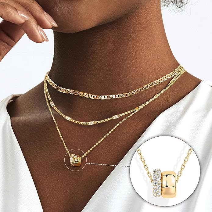 OGD Layered CZ Rondelle Pendant Necklaces for Women, 14K Gold Plated Trendy Mariner Chain Dainty Circle Rondelle Pendant Choker Necklace for Women Two-Toned Cubic Zirconia Gold Necklace