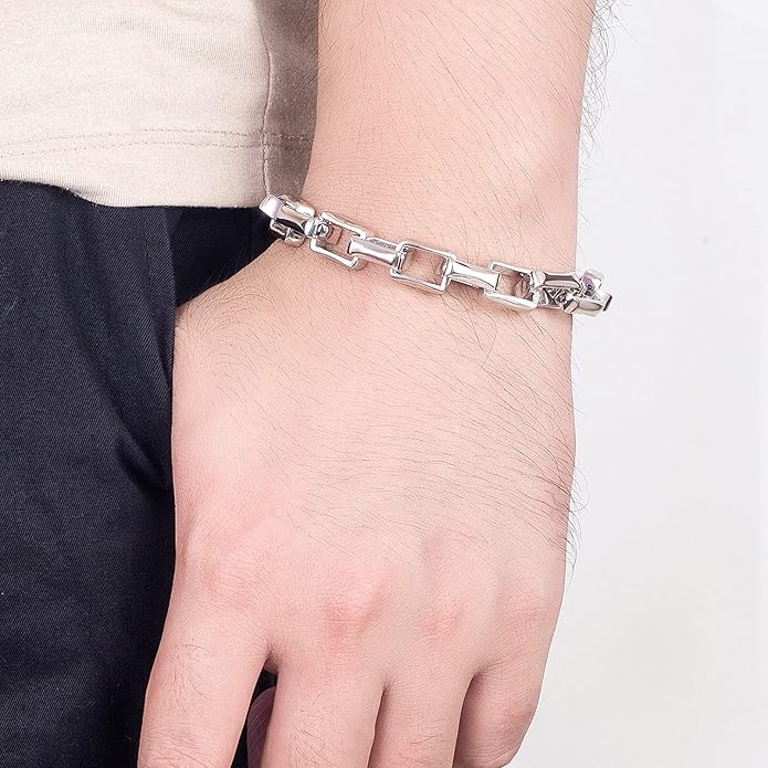 H&Beautimer Solid 925 Silver Bracelet Italian Handmade 0.35/0.4 Inch Box Chain Bracelet for Men's 7,7.5,8,8.5,9,9.5,10 Inch Hip Hop Style Jewelry