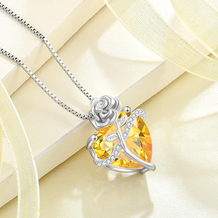 Birthstone Necklace for Women 925 Sterling Silver Love Heart Rose Flower Necklace Dainty Jewelry Gifts for Women Wife Girlfriend Mother Daughter Her