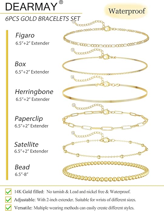 DEARMAY 14K Gold Plated Bracelets for Women Waterproof, Jewelry Sets Trendy Thin Dainty Stackable Cuban Link Paperclip Chain Bracelet Pack Fashion Accessories Gifts for Womens