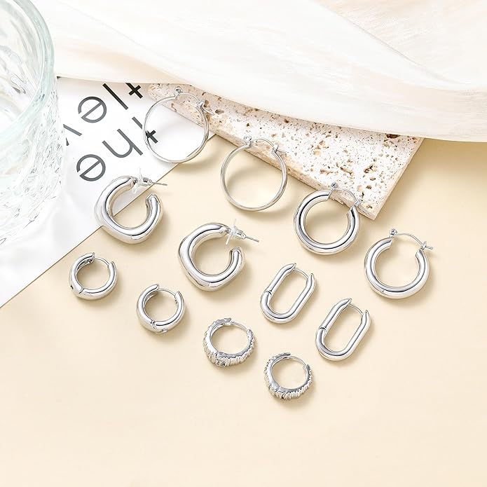 6 Pairs 14K Gold Plated Hoop Earrings for Women Trendy Chunky Lightweight Hoop Earrings Multipack Hypoallergenic, Thick Twisted Huggie Hoops Earring Set Jewelry for Gifts