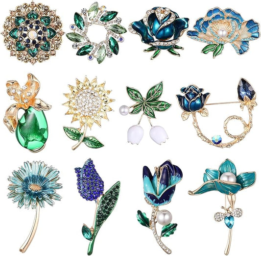 Junkin 12 Pcs Women Brooches Bulk Set Rhinestone Pin Crystal Vintage Christmas Brooch Retro Pin Gifts for Women Girls
