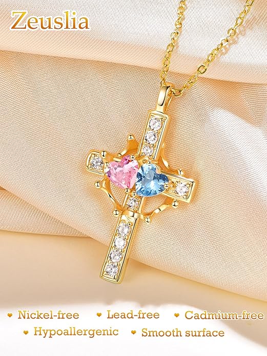 Zeuslia Double Birthstone Necklace Gifts for Wife - 925 Sterling Silver Sunflower/Rose/Crown Cross/Compass/Heart Pendant I Love You Necklace, Anniversary Birthday Gifts for Wife Girlfriend Mom Her
