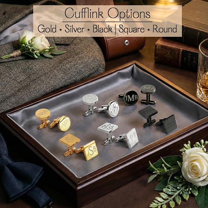 Custom Cuff Links & Personalized Tie Clip Gift Set for Men • Engraved Monogram, Date, Handwriting, Crest, Logo • Father's Day Gift for Dad • Gold, Silver, Black