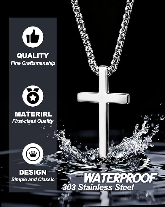 TEN MIRO Silver/Black Cross Necklace for Men Boy Stainless Steel Cross Pendant Necklace for Men Christian Religious Jewelry with Box & Card Birthday Anniversary Christmas Father's Day Gifts for Him