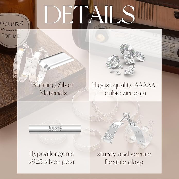 Senteria 8mm Wide 925 Sterling Silver Hoop Earrings for Women Hypoallergenic Chunky Silver Hoop Earrings with Flower Large Thick Hoops Earring Lightweight 14K Gold Plated Hoops for Women 25/30/40/50mm