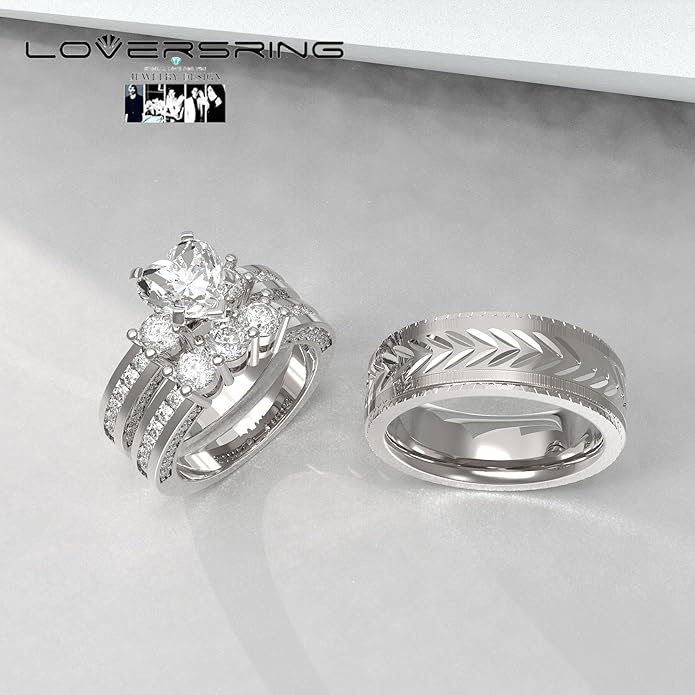 TWO RINGS Wedding Ring Sets His And Hers Promise Ring Couples Bridal Sets Women 925 Sterling Silver square Cz Man Stainless Steel Brushed Finished Wedding Bands