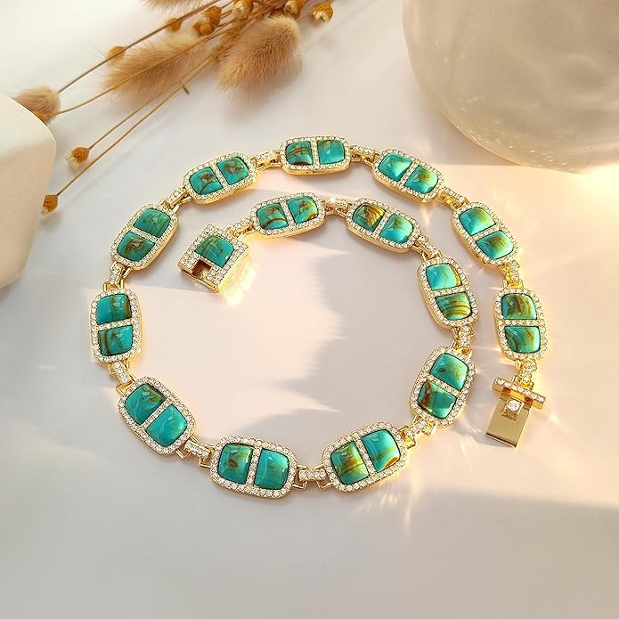 Chunky Necklace for Women 12 Colors Diamond Stone Gold Statement Necklace for Women Full Trendy Blue Birthstone Choker Necklace for Women Square Design Necklace Jewelry