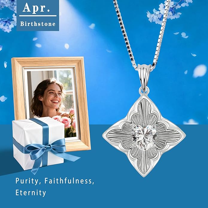 Delicate Four-Leaf Clover Charm Necklace with January Birthstone - S925 Silver, Gift Idea