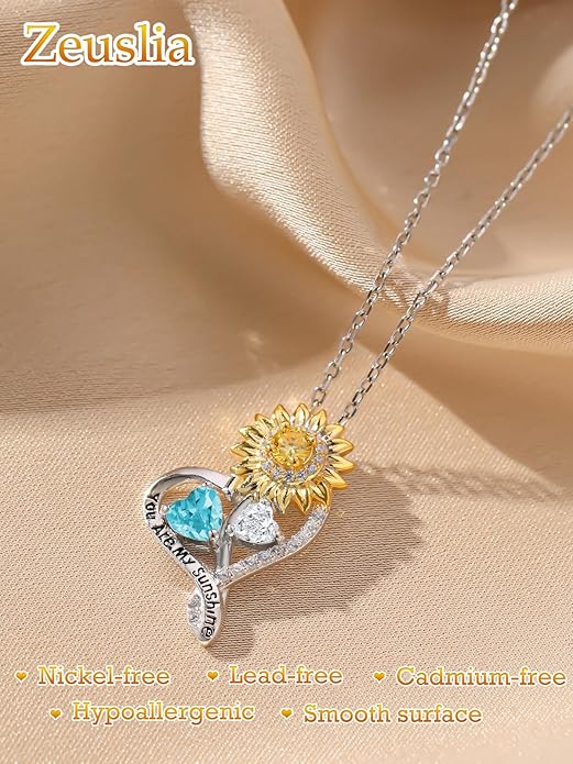 Zeuslia Double Birthstone Necklace Gifts for Wife - 925 Sterling Silver Sunflower/Rose/Crown Cross/Compass/Heart Pendant I Love You Necklace, Anniversary Birthday Gifts for Wife Girlfriend Mom Her