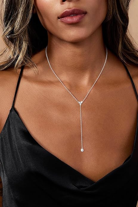 Lariat Gold Necklaces for Women Trendy Dainty Long Necklace 14k Gold Plated/Silver Layered Drop Beaded Chain Necklaces Y-shaped Pendant Necklace Simple Gold Jewelry Gifts