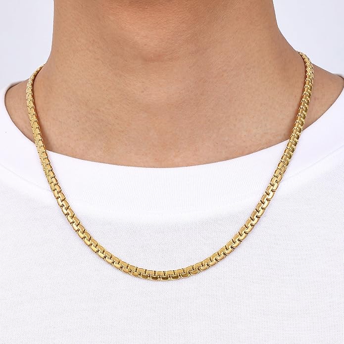 Fiusem Flat Box Chains for Men, 14k Gold Plated Stainless Steel Chain Necklace, 2.5/3/4/4.5/5mm Necklaces for Men and Women 16-28 Inch