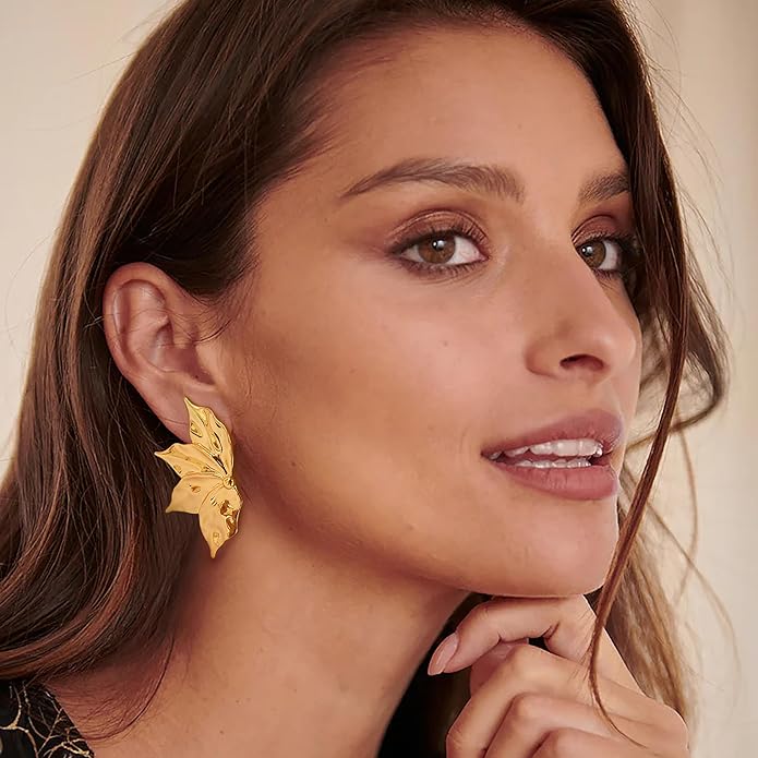 Chunky Gold Statement Earrings For Women Gold Plated Sectored Flower Leaf Shell Angel Wing Earrings Large Stud Earrings Hypoallergenic Earrings