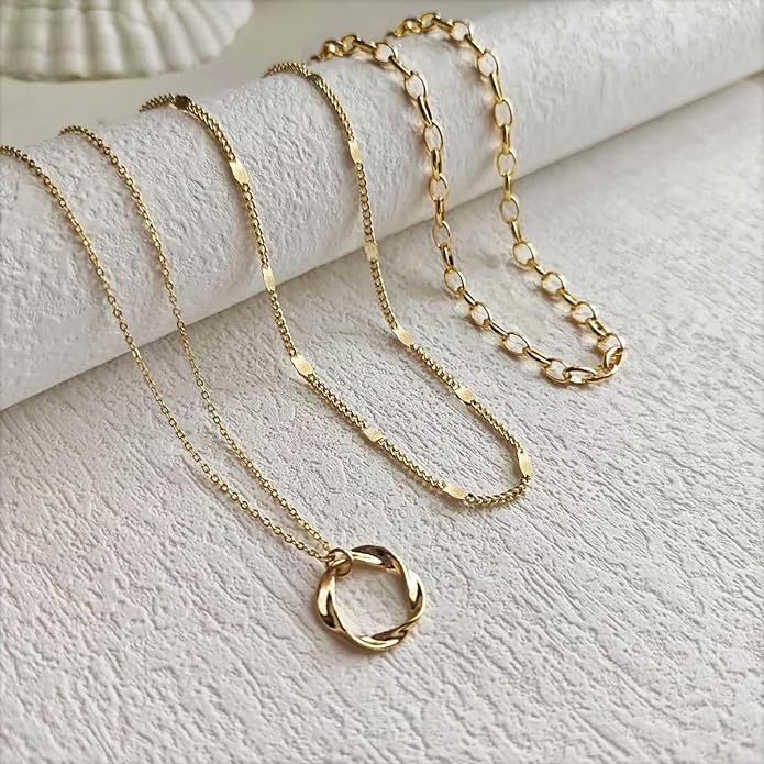 Gold Layered Necklaces for Women 14k Gold Plated Dainty Stackable Choker Necklaces for Women Trendy Layering Chain Cute Pendant Necklace Set Gold Jewelry for Women