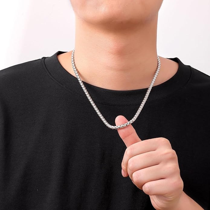 Fiusem Box Chain for Men, Silver Tone/14K Gold Plated/Black Stainless Steel Necklace for Men and Women, Width 2/2.5/3/4/5mm, Length 18-28 Inches