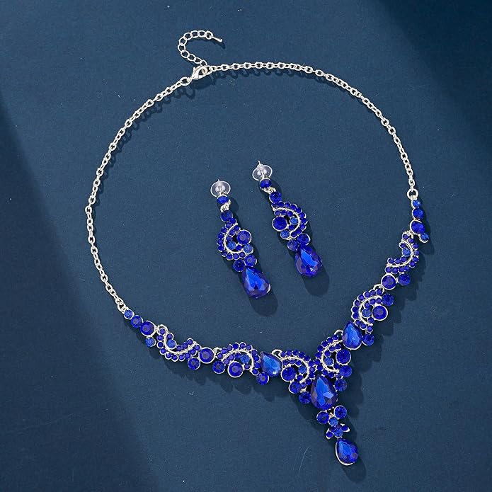 Paxuan Crystal Bridal Wedding Jewelry Sets for Women Rhinestone Teardrop Crystal Statement Choker Necklace Drop Earrings Link Bracelets Rings Teardrop Jewelry Set for Brides Bridesmaids