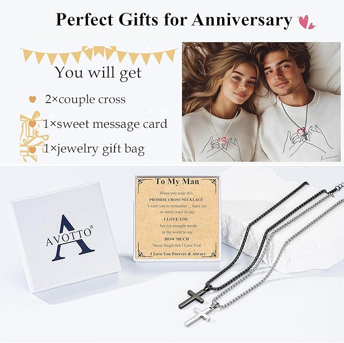Valentines Day Matching Couple Stuff Cross Necklaces Idea Gifts for Men Women, Anniversary Birthday Engagement Gifts for Couple Boyfriend Girlfriend Husband Wife Love You Forever Cross Necklaces