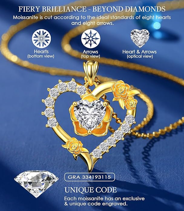 Beam & Bask Rose Flower Love Heart Necklace for Wife, 2-3 Carat Moissanite Women's Pendant, Sterling Silver Plated with 18K Gold, Anniversary Birthday Wedding Jewelry for Girlfriend Soulmate Her