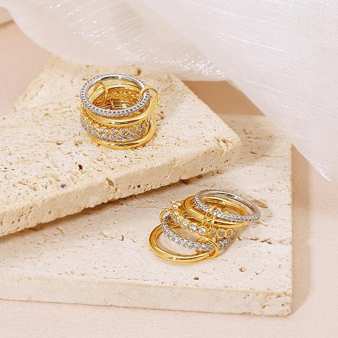BROCC Stackable Rings for Women 18K Gold Plated Non Tarnish Cubic Zirconia Two-Toned Connected Bands Silver Gold Multi Ring Mixed Metals Stacking Rings Set