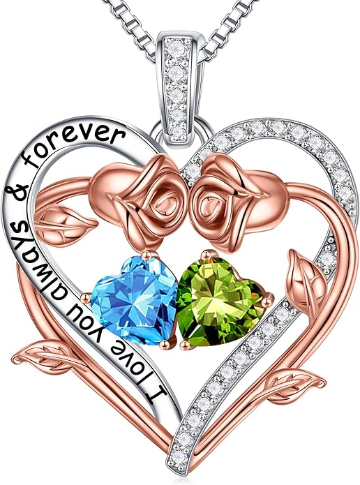 Iefil Rose Heart Double Birthstone Necklace Gifts for Wife Her Mom Women, Birthstone Jewelry Gemstone Birthday Gifts for Girlfriend Grandma Her Wife Women