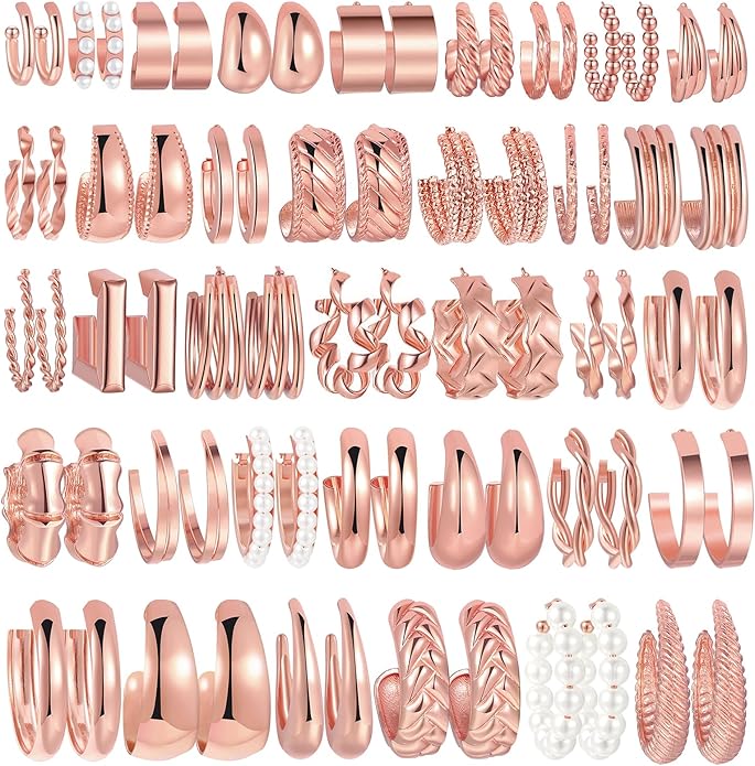 36 Pairs Gold Hoop Earrings Set for Women, Fashion Chunky Gold Hoop Earrings Multipack, Hypoallergenic Pearl Chain Twisted Statement Earring Pack for Birthday Party Jewelry