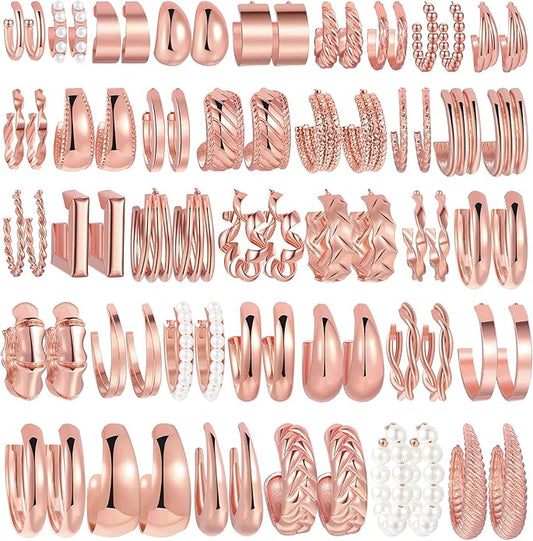 36 Pairs Gold Hoop Earrings Set for Women, Fashion Chunky Gold Hoop Earrings Multipack, Hypoallergenic Pearl Chain Twisted Statement Earring Pack for Birthday Party Jewelry
