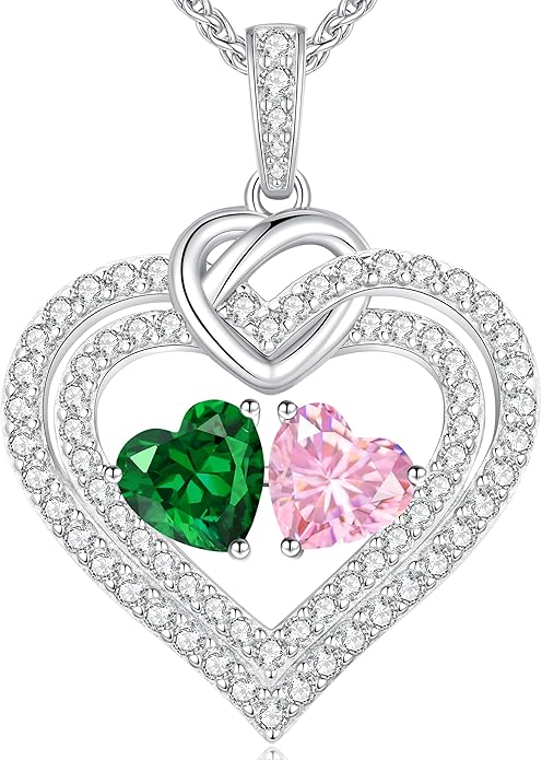 LOUISA SECRET Sparkling Double Heart Birthstone Necklaces for Women, 925 Sterling Silver Fine Jewelry, Pendant Heart Necklaces Birthday Anniversary Christmas Gift for Women Wife Mom Girlfriend Lady