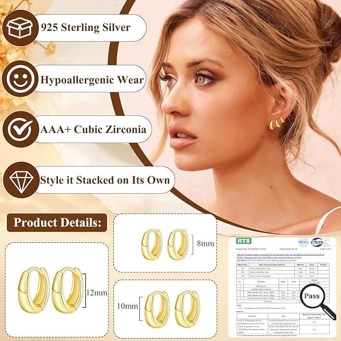 DORANA Valentines Day Gift 3 Pairs 925 Sterling Silver Earrings for Women Girls Non Tarnish Small Hypoallergenic Huggie Hoops Cartilage Stack Earring Sets for Multiple Piercing