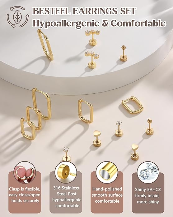 Hypoallergenic 14K Gold Plated Hoop Stud Earrings for Women Surgical Stainless Steel Flat Back Earrings Lightweight Small Chunky Huggie Hoops Cartilage Earring Stacks for Multiple Piercing Women Gifts